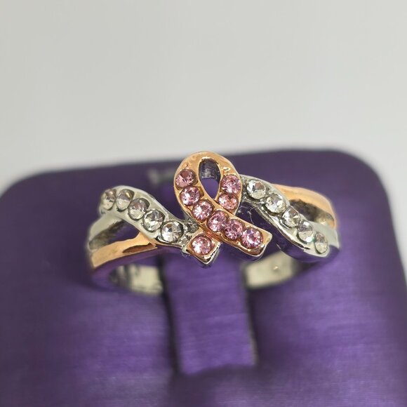 Pink Breast Cancer Awareness Ribbon Rose Gold Silver Rhodium Plated Ring SZ 7 - Picture 17 of 17